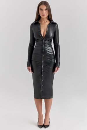 Plunge Collar Black Midi Dress – view 2