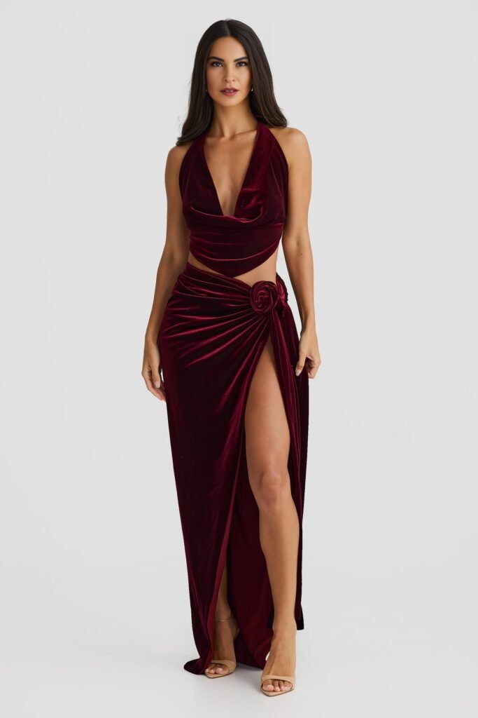 Wine velvet co-ord set for Christmas dinner
