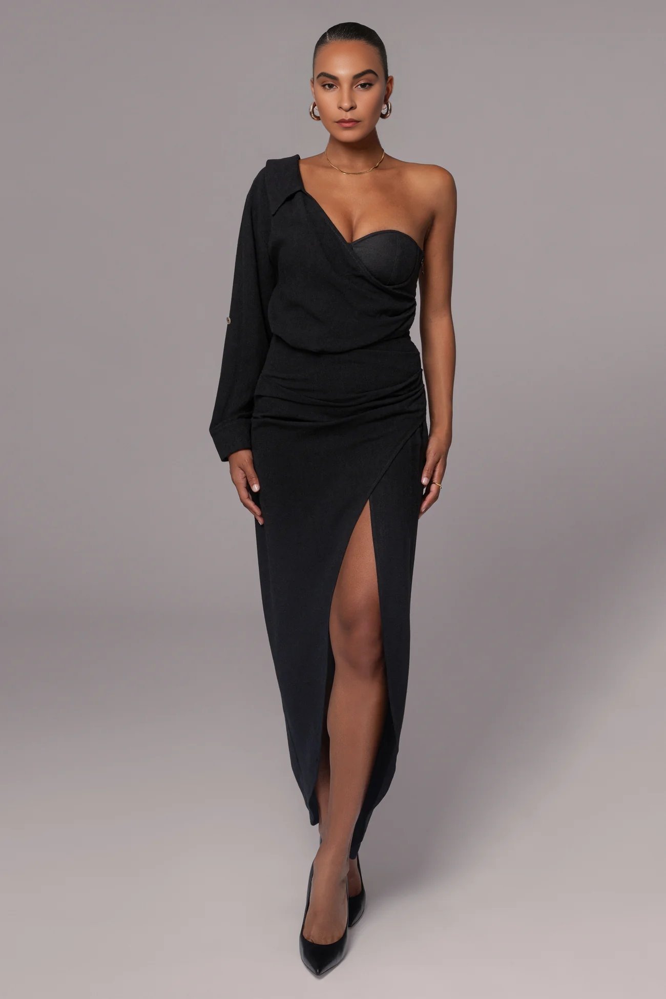 Black Linen Draped Dress