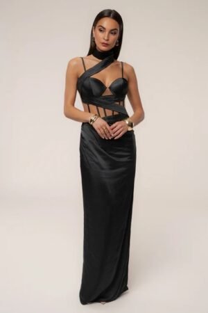 Seraphina Pleated Black Maxi Dress – view 2