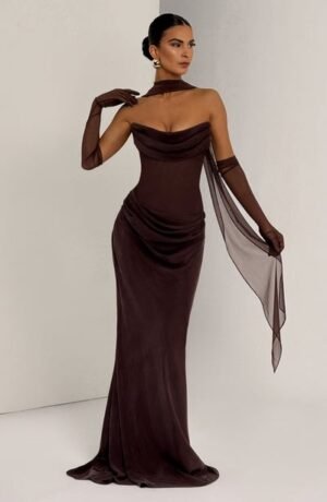 Elara Cowl Plum Brown Maxi Dress