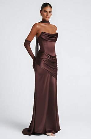 Moonlit Grace Plum Brown Satin Maxi Dress – view 2