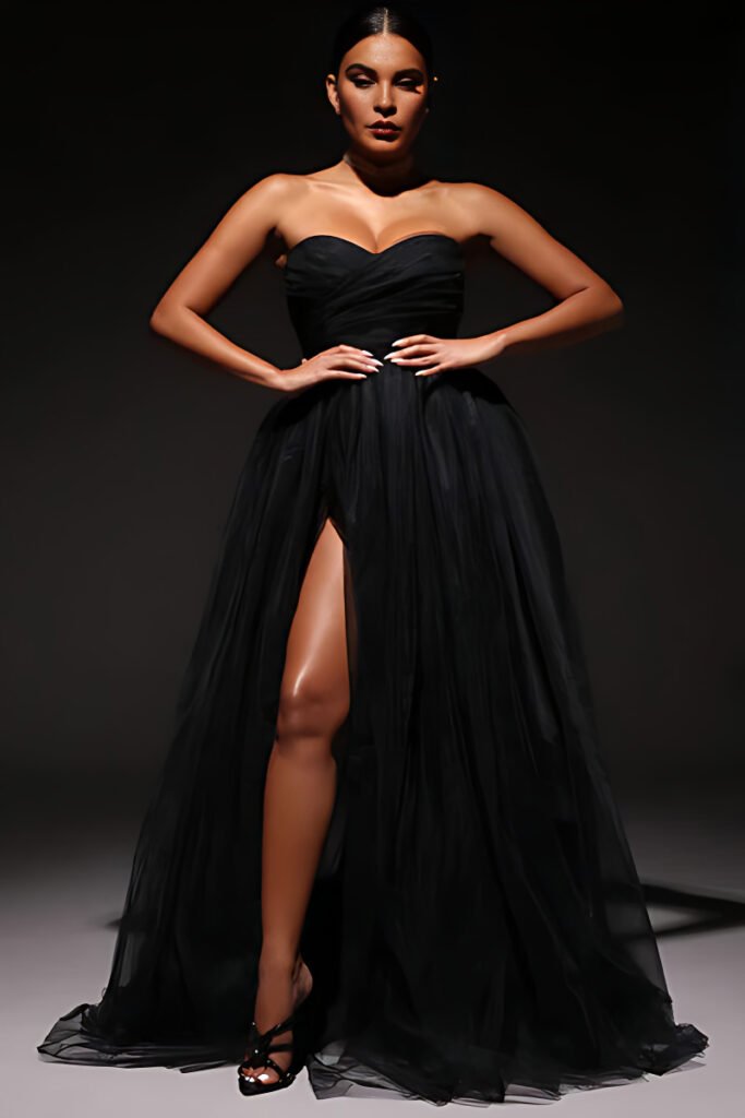 Black tulle gown for a winter ball