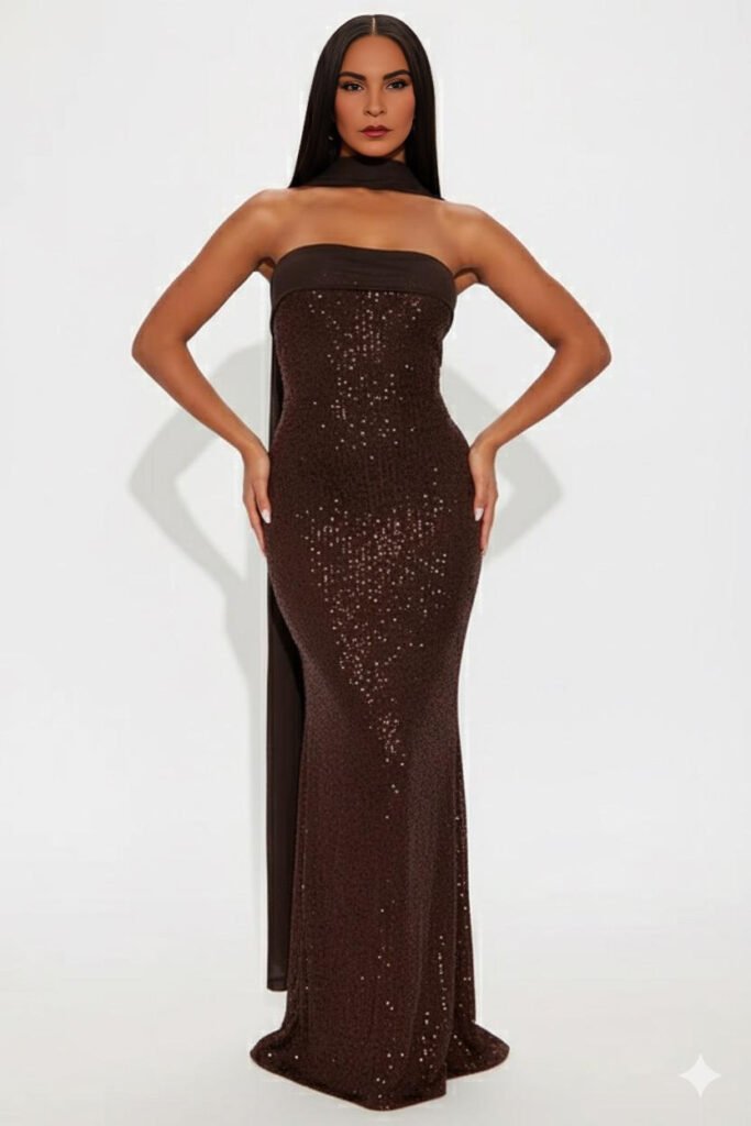 Grey silver gown for a New Year’s Eve party
