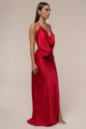 Lumira Cowl Red Satin Maxi Dress – view 2