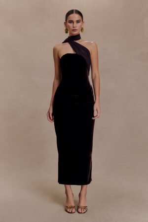 Velvet Noire Scarf Chocolate  Midi Dress