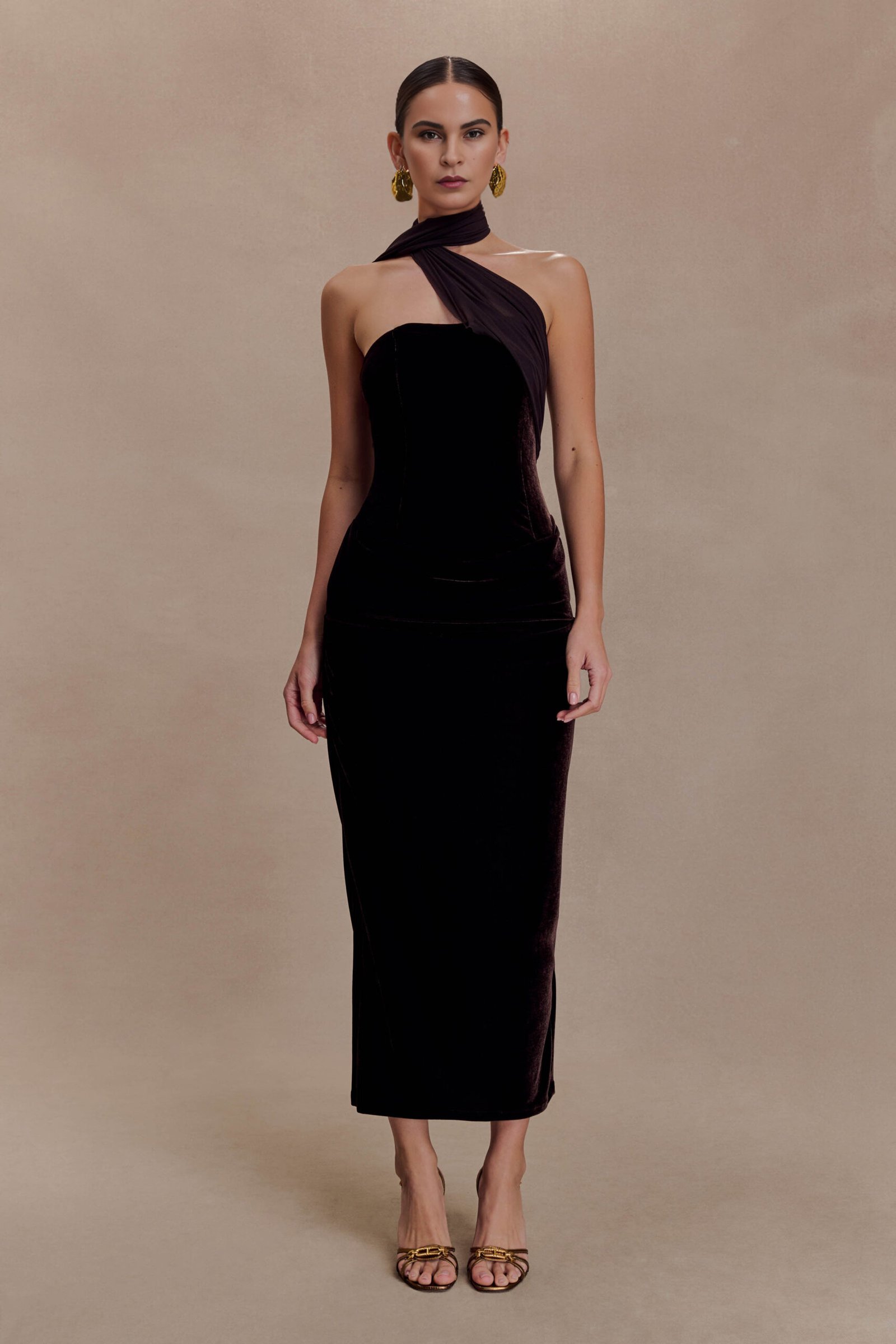 Velvet Noire Scarf Chocolate  Midi Dress
