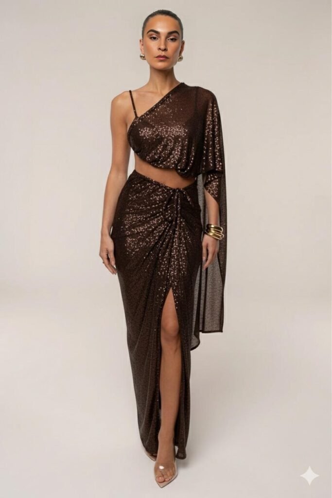 Chocolate sequin drape top and wrap skirt for a holiday night out