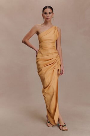 Lina One Shoulder Linen Deep Peach Midi Dress