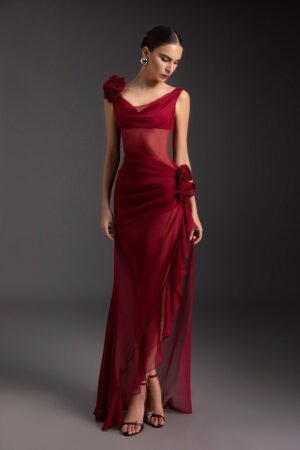 Maroon Flora Drape Gown