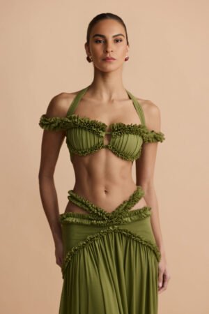 Olive Off-Shoulder Ruffle Corset Top