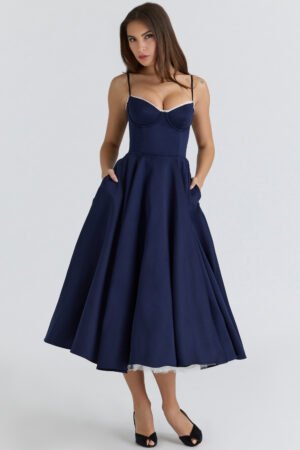 Navy Satin Midi Dress – view 2