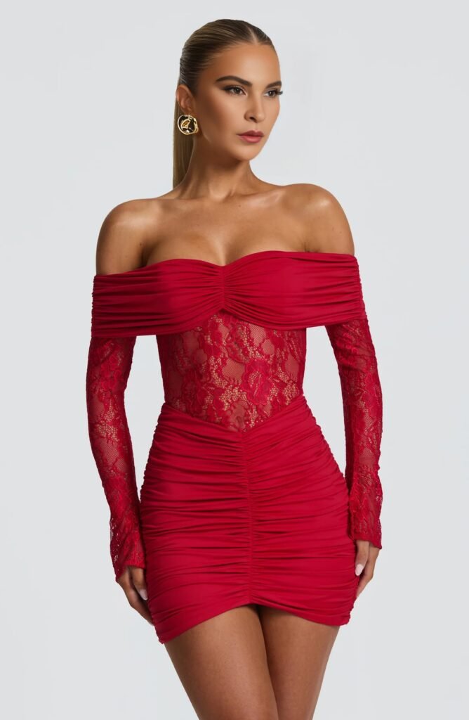 Red lace off-shoulder mini dress for a Christmas cocktail party