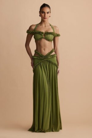 Olive Ruffle Cut-Out Maxi Skirt