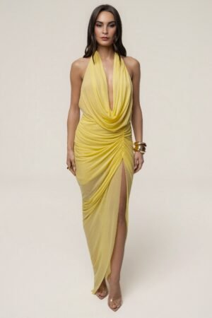 Bee Boe Yellow Plunge Halter Gown