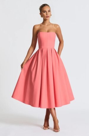 Bee Boe Coral Pink Belle Strapless Midi Dress