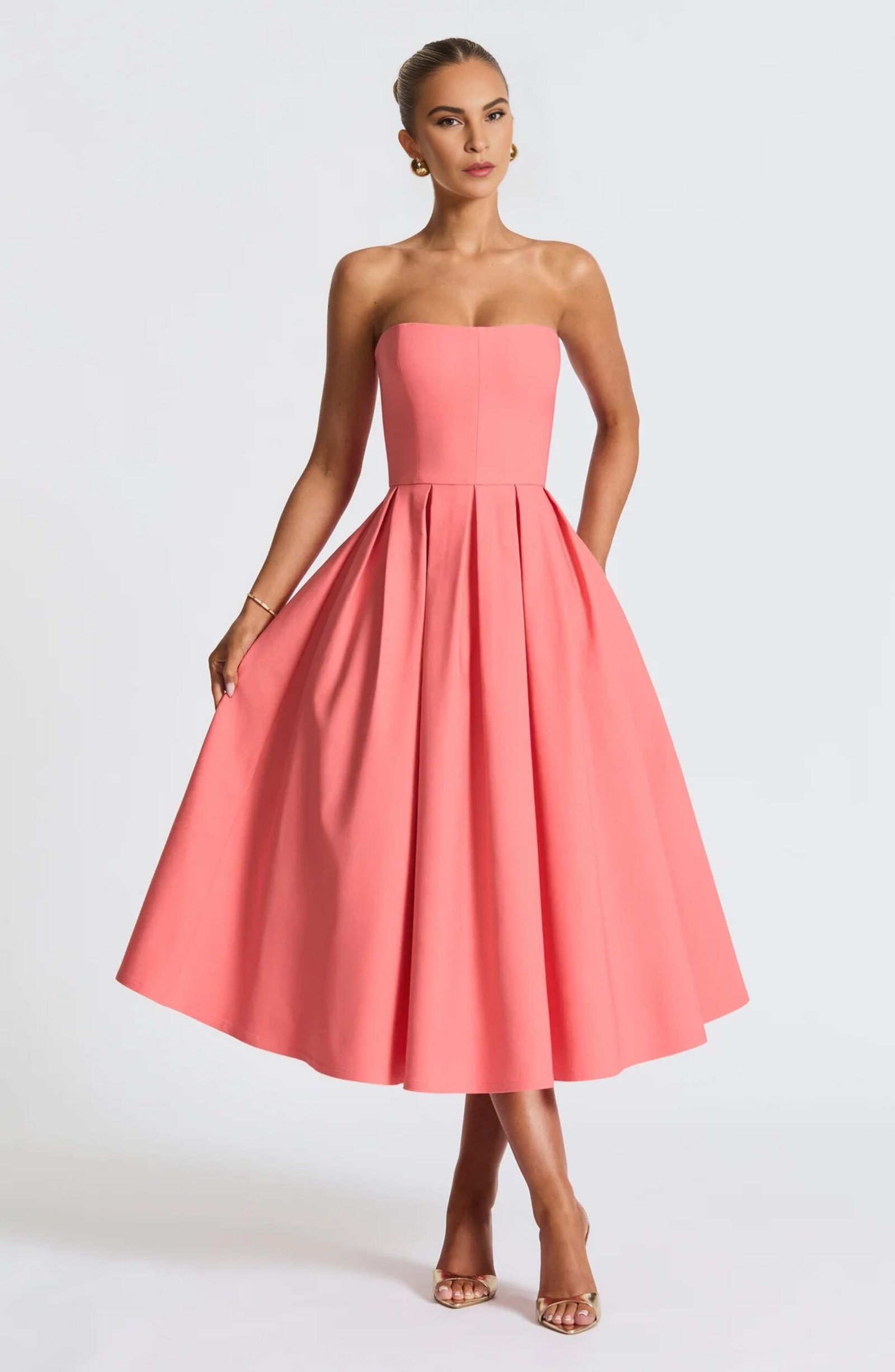 Bee Boe Coral Pink Belle Strapless Midi Dress