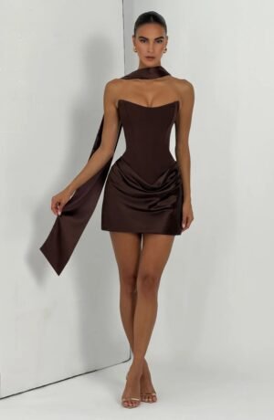 Bee Boe Plum Brown Satin Drape Corset Mini Dress