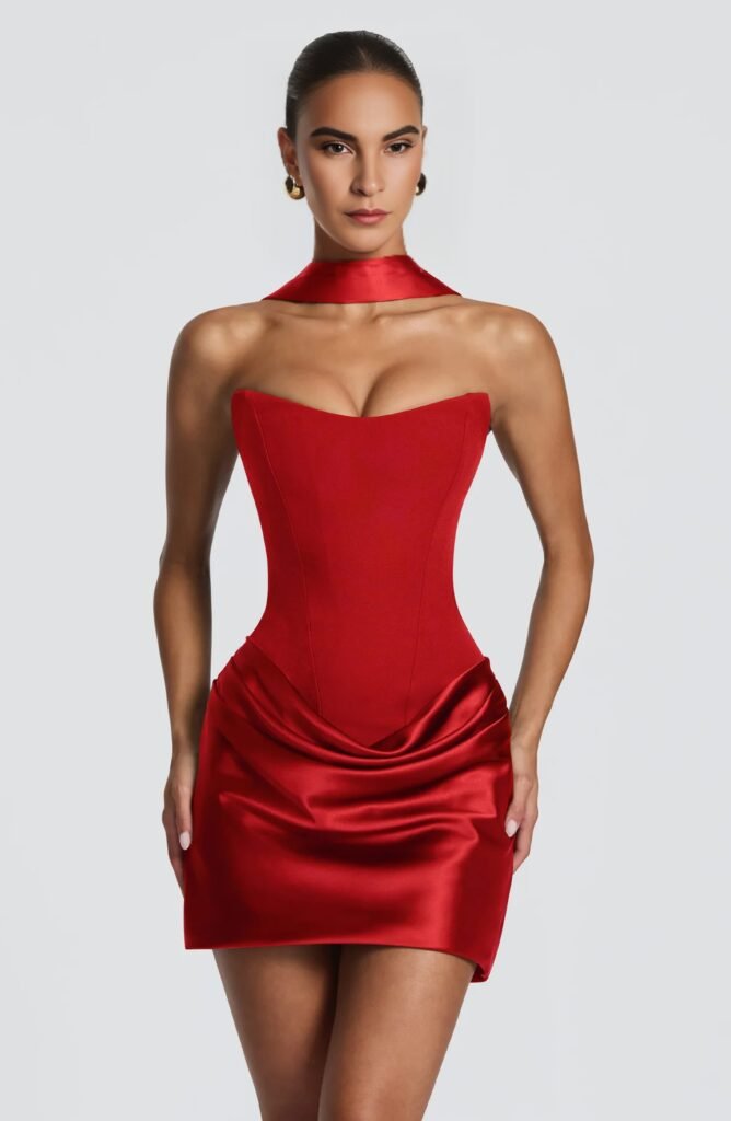 Red satin corset mini dress for a holiday cocktail party
