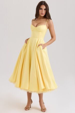 Sunshine Yellow Satin Midi Dress – view 2