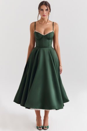Forest Green Satin Midi Dress – view 2