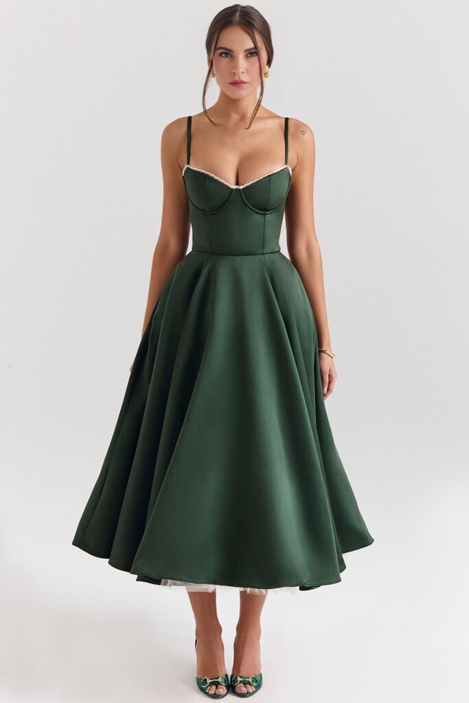 Forest Green satin midi dress for a holiday work party
