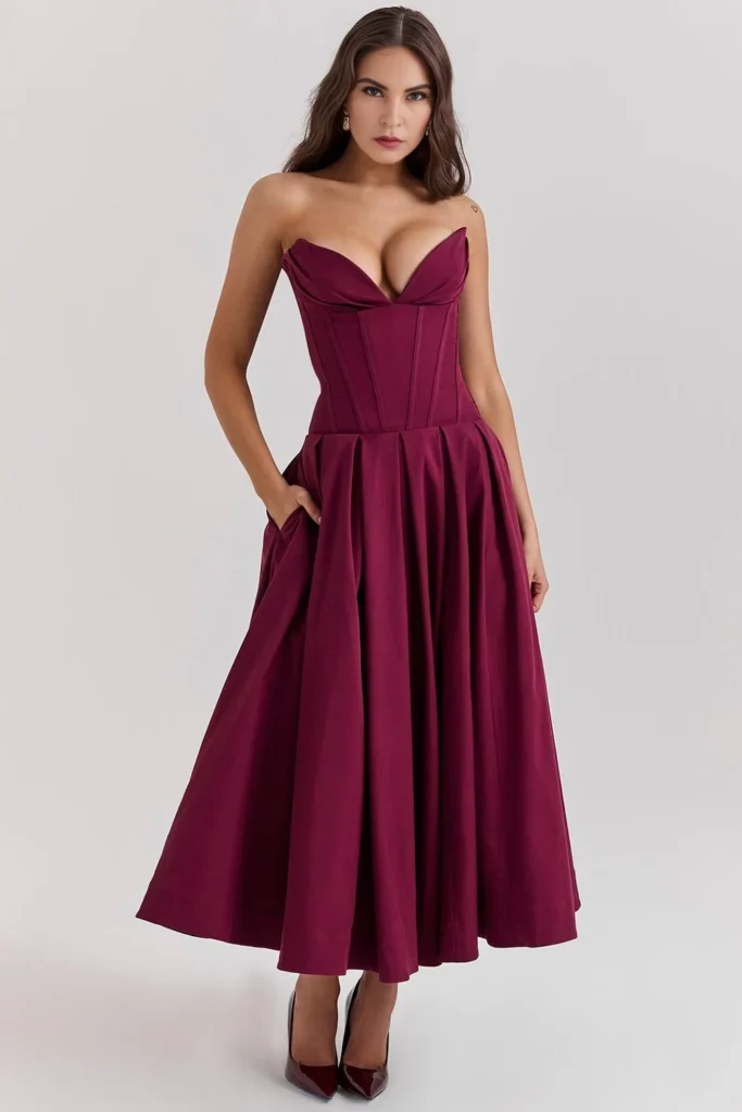 Wine sculpted midi dress for a festive dinner